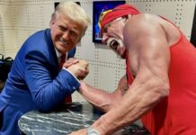Hulk Hogan and Donald Trump arm wrestling.