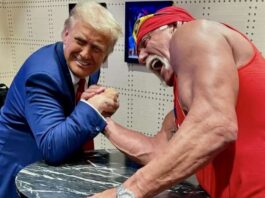 President Donald Trump Pays Tribute To Hulk Hogan Hulk Hogan and Donald Trump arm wrestling.