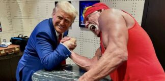 Hulk Hogan and Donald Trump arm wrestling.