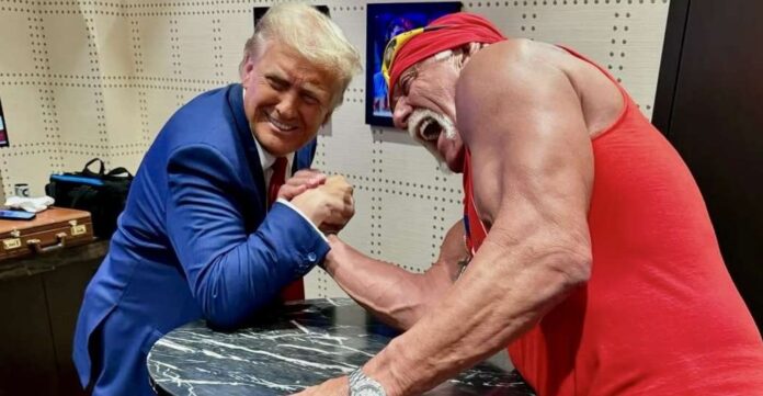 Hulk Hogan and Donald Trump arm wrestling.