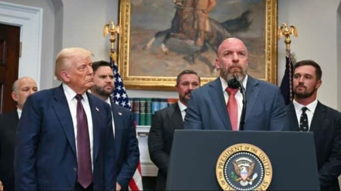 Donald Trump and Triple H US President Donald Trump listens as WWE CCO Triple H speaks in the Roosevelt Room of the White House in Washington, DC.(AFP)