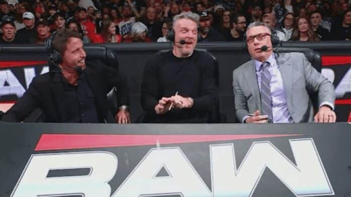 Tony Hinchcliffe, Pat McAfee and Michael Cole on WWE RAW commentary