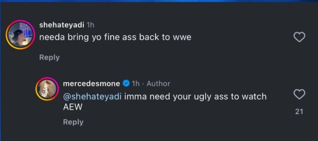 Mercedes Moné responds to a comment on Instagram saying she needs to be back in WWE.