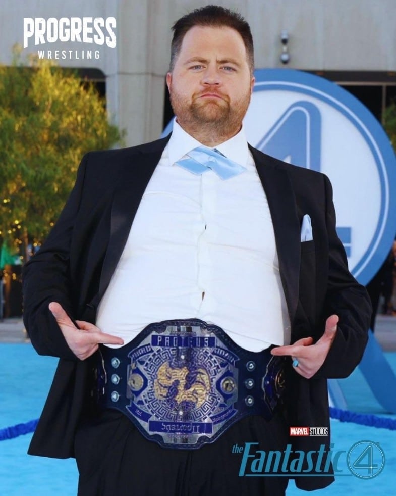 Paul Walter Hauser wears PROGRESS Proteus World Championship at Fantastic Four premiere