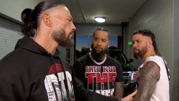 Roman Reigns with Jey and Jimmy Uso backstage
