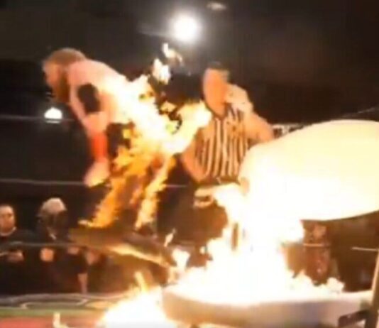 Fire spot went horribly wrong during the main event of Juggalo Championship Wrestling’s “Powder Keg” event.