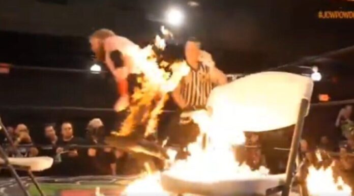 Fire spot went horribly wrong during the main event of Juggalo Championship Wrestling’s “Powder Keg” event.